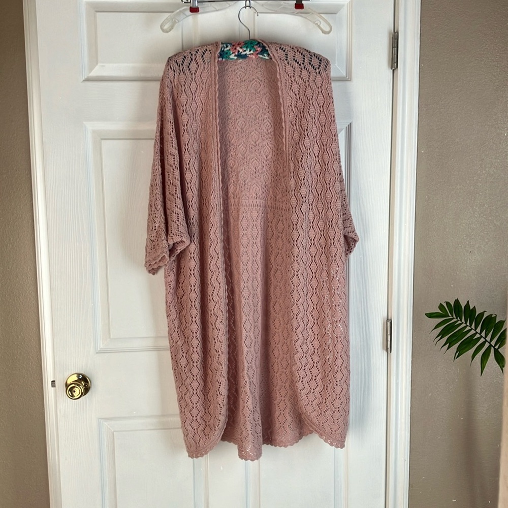 Maurices dusty pink crochet cardigan. About 3/4 sleeve. Size large.